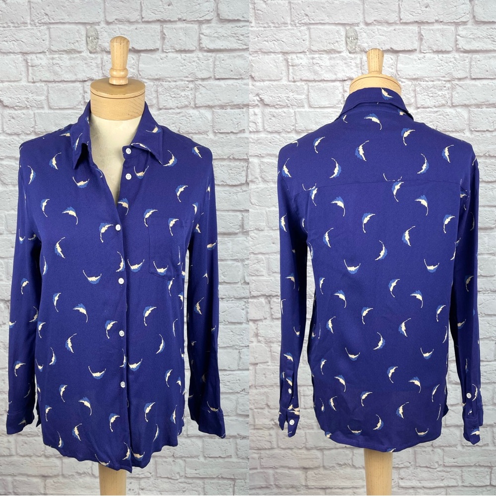 Mansur Gavriel Indigo Feather Printed Button‎ Down Size 42